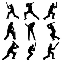 Cricket Player Silhouettes in Batting Action Vector Set

