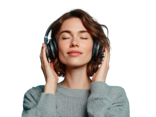 A woman wearing headphones is smiling and appears to be enjoying her music