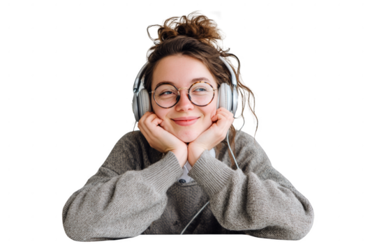A woman wearing glasses and headphones is smiling