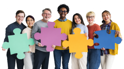 A group of people holding puzzle pieces together