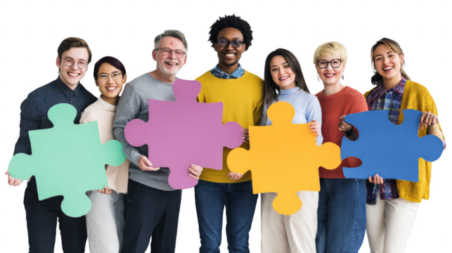 A group of people holding puzzle pieces together