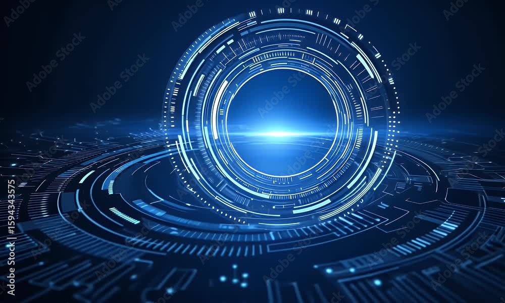 Sticker abstract futuristic blue background with glowing digital technology and circuit board elements in th