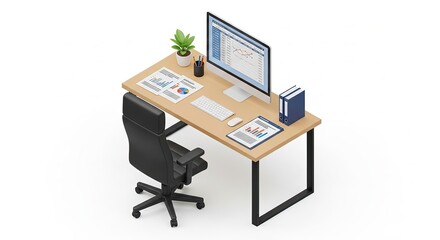 Modern Office Desk with Computer and Charts in Bright Workspace