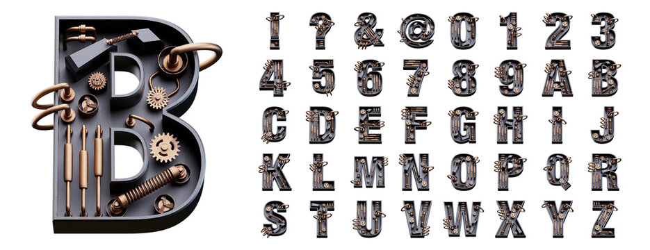 Steampunk style font concept. Vintage mechanical Alphabet. Numbers And Letters. 3d rendering isolated on white background