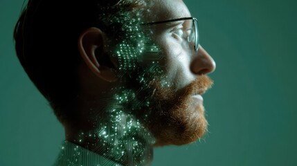 Futuristic double exposure of tech developer with circuit design concept