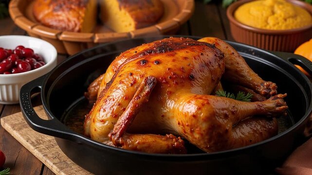A delectable glazed turkey glistens in a black roasting pan, beautifully blurred backdrop reveals cranberry sauce, pie, and cornbread in stunning 4k.