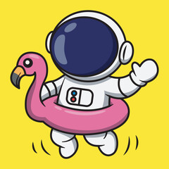 Cartoon Astronaut with Flamingo Floatie Illustration