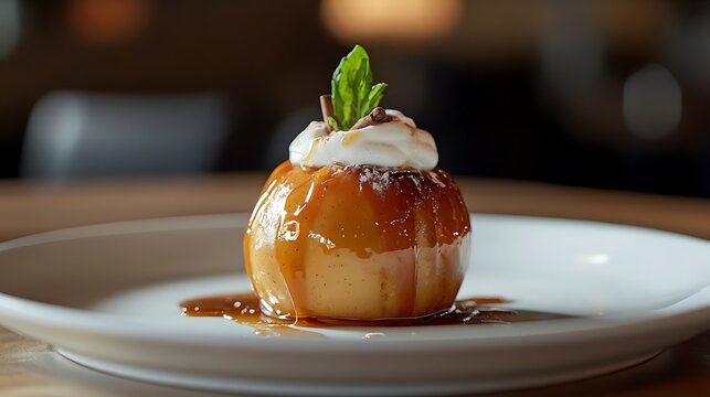 Baked Apple Topped with Whipped Cream and Mint Garnish