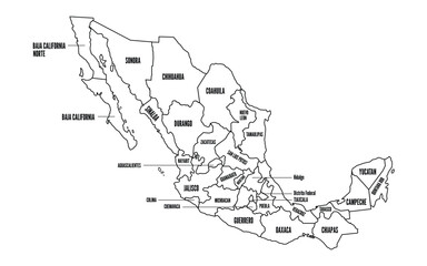 Naklejka premium Editable Mexico Map With States in Black Outline