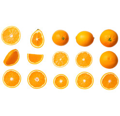Collection of whole and sliced oranges isolated on transparent background