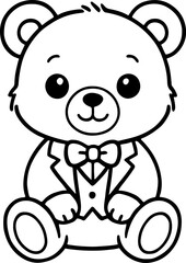Cartoon Teddy Bear Wearing Suit and Bow Tie Sitting &ndash; Black and White Hand Drawn Dressed-Up Toy Character Illustration