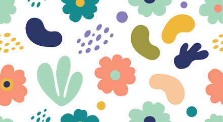 A vibrant and colorful floral pattern featuring stylized flowers and abstract shapes on a white background.