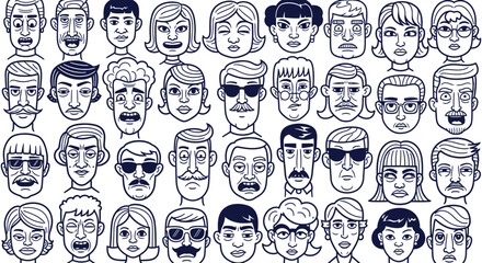 A diverse collection of stylized, hand-drawn faces, exhibiting various expressions and hairstyles.