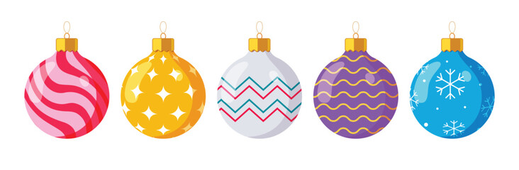 Set of colorful Christmas baubles with trendy patterns including waves, chevrons, stars, and snowflakes. Ideal for holiday cards, decorations, digital art, and seasonal projects.