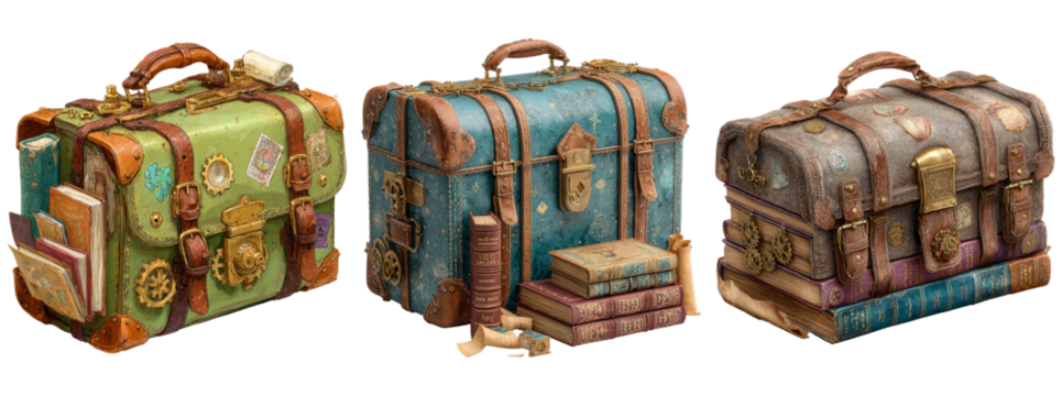 Vintage Steampunk Travel Bags and Books on Transparent Background