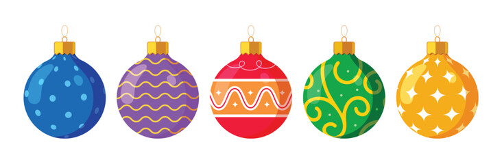 Set of festive Christmas baubles in blue, purple, red, green, and gold with patterns like dots, waves, stars, and swirls. Ideal for seasonal decor, greeting cards, and digital artwork.