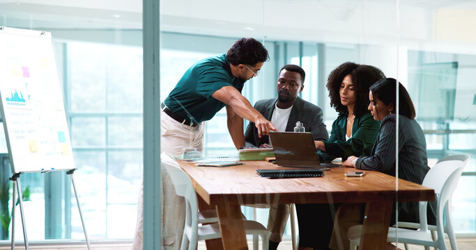 Business people, group and laptop for planning in office, financial analysis or charts. Manager, computer and discussion for project in meeting, risk assessment or investment metrics with training - Powered by Adobe