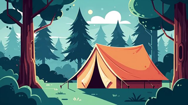 Cartoon camp scene featuring a tent in a forest of pine trees, bathed in sunlight