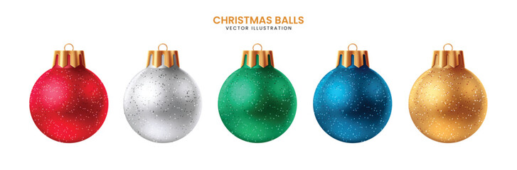 Set of realistic Christmas ornaments in red, silver, green, blue, and gold with sparkling glitter textures. Ideal for holiday cards, luxury decorations, banners, and seasonal promotions.
