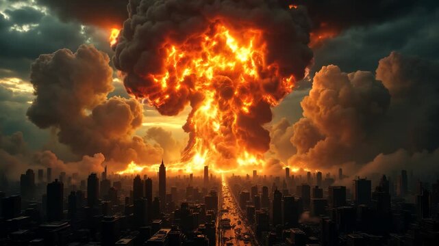 Apocalyptic Nuclear Explosion Over City Skyline at Sunset
