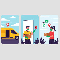 Delivery Vector Illustration Efficient Express Free Shipping for Online Shop & E-commerce with Courier Services Bike, Motorcycle, Truck, Handcart