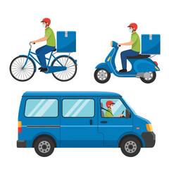 Delivery Vector Illustration Efficient Express Free Shipping for Online Shop & E-commerce with Courier Services Bike, Motorcycle, Truck, Handcart