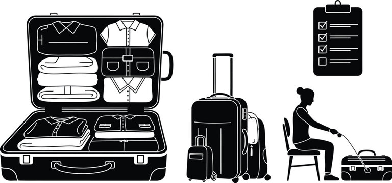Vector art of a woman is packing her suitcase for a trip, using a checklist to ensure she has everything she needs