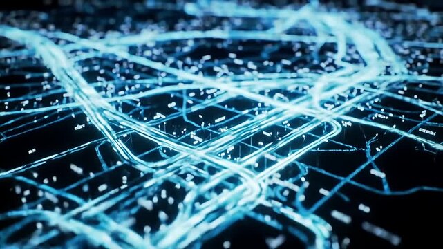 Abstract light network on a dark surface with connections and bokeh effects