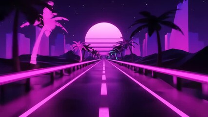 Retro futuristic road with palm trees. Purple highway with city skyline and shining moon. Synthwave style animation, parallax. Sci-fi aesthetic background. - Powered by Adobe