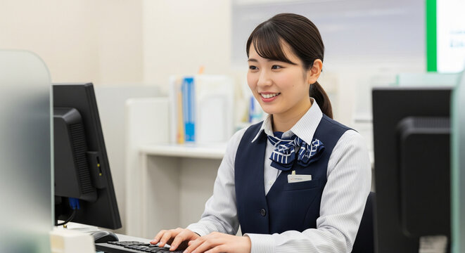 Smiling Japanese bank teller efficiently serves customers in a modern banking environment. Suitable for financial services and professional workplace concepts.