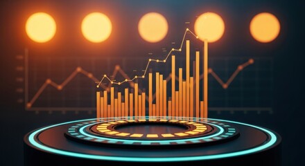 Futuristic digital display of financial growth charts and data visualization