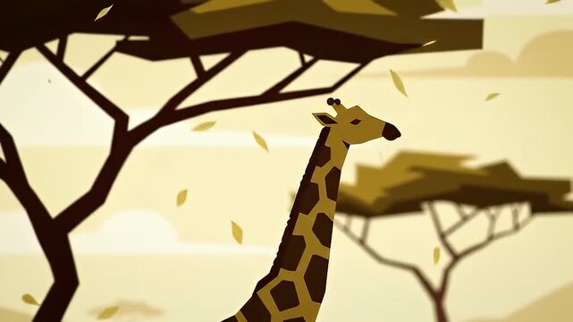 Stylized giraffe under acacia trees, with falling leaves on a sunny savannah