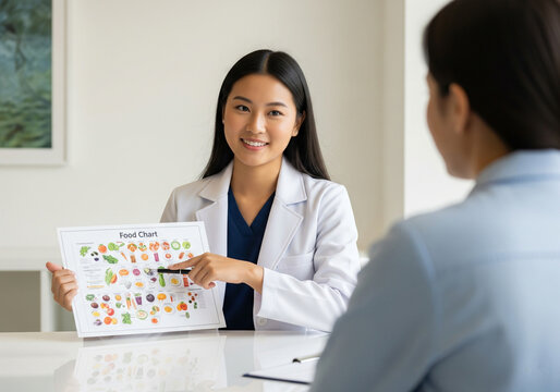 Doctor and patient reviewing healthy food chart. Informative medical or nutritional articles, blog posts, flyers, social media posts on healthy eating habits.