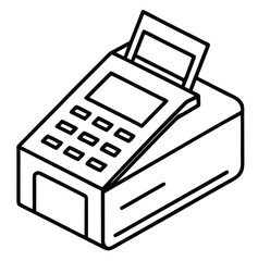 Simple line art icon of a credit card machine with receipt dispenser for financial transactions and retail services