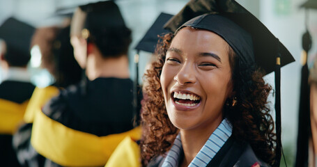 Portrait, students and graduation with woman, funny and success with ceremony. Laughing, person and...