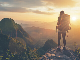 Obraz premium Backpacker woman standing on cliff edge looking over mountain landscape at sunrise