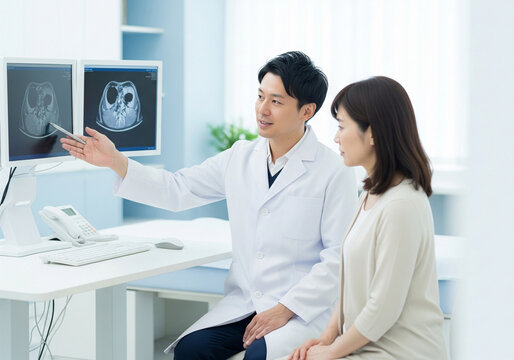 Doctor presenting head scans to patient on computer screens, suitable for medical presentations, healthcare websites, and educational materials. - Powered by Adobe