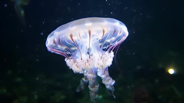 Jellyfish glows with translucent bell and delicate tentacles in ocean