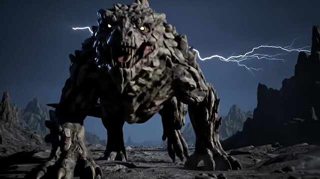 A hulking, rocky monster stands on a barren, mountainous terrain, illuminated by moonlight
