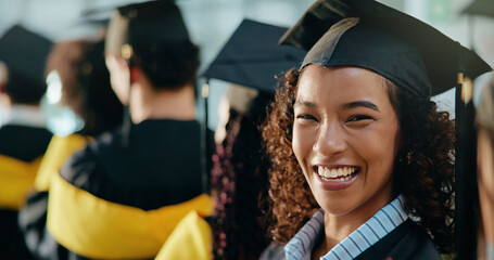 Portrait, students and graduation with woman, university and success with celebration. Face, happy...