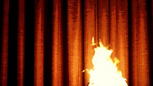 Illuminated warm orange fabric curtain with flame at the bottom right corner