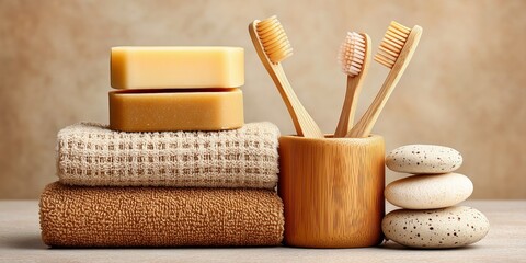 Zero waste bathroom accessories with wooden toothbrushes and solid soap
