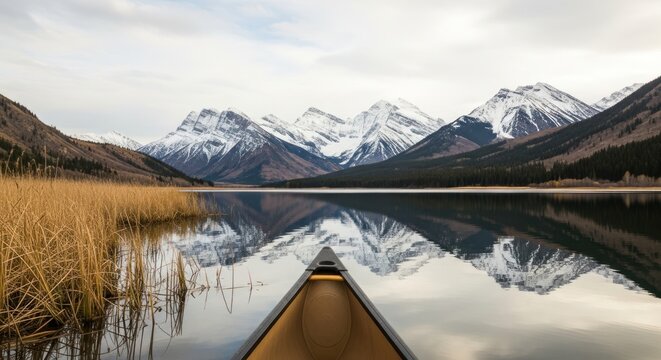 Serene canoe journey on tranquil lake with majestic snow-capped mountains reflected