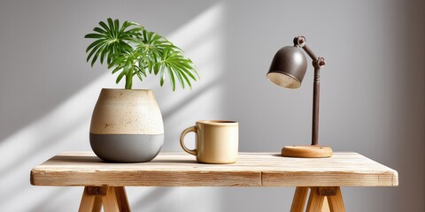 Minimalist home office desk with plant lamp and ceramic mug