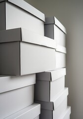 Stack of white cardboard boxes, neatly arranged, creating a geometric pattern.