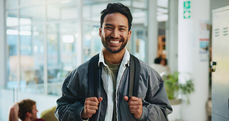 Happy, man and portrait of student at university with confidence for education with knowledge. Backpack, smile and male person from Brazil with studying for exam, test or assignment at college.