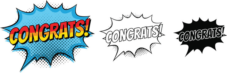 Obraz premium Congrats pop art vector illustration set for greeting card design and celebration graphic element template editable