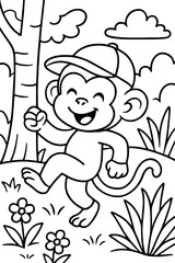 Playful Monkey with Cap Coloring Page – Jungle-Themed Kids’ Line Art for Creative Fun
