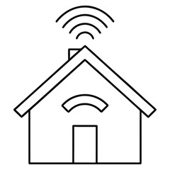 Simple line art icon of a house with Wifi signal radiating from the roof and a curved Wifi symbol on the front