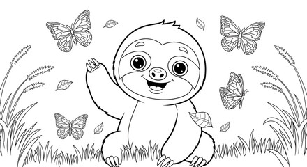 Kids coloring book illustration of a happy cartoon sloth waves hello surrounded by butterflies